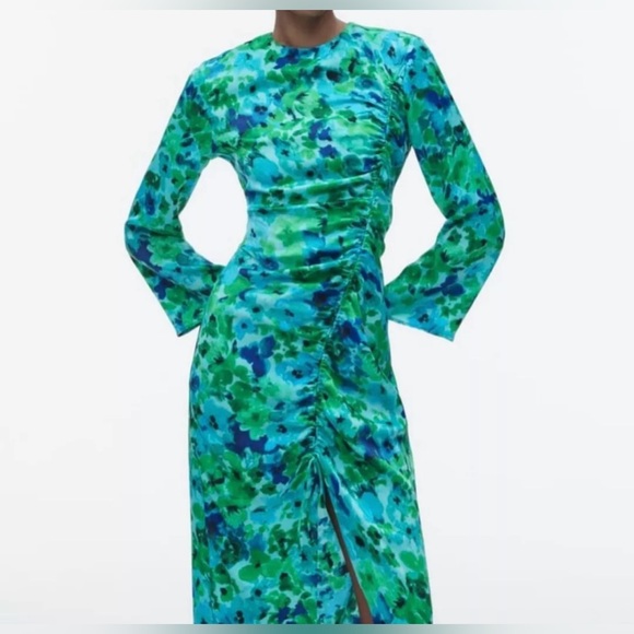 Zara dress midi Floral ruched long sleeve green blue boho summer vacation - Picture 5 of 7